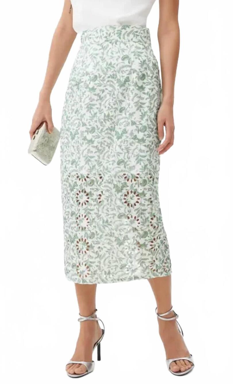 NEW LOVE, BONITO eyelet midi skirt in green/white